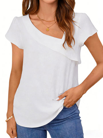 UVN Womens Chiffon Blouses Asymmetrical V Neck Shirts for Women Short Sleeve Elegant Tops