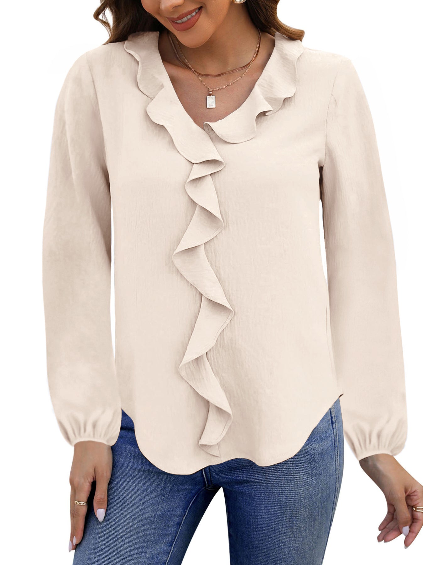 UVN Blouses for Women V Neck Long Sleeve Shirts Dressy Casual Ruffle Chiffon Tops