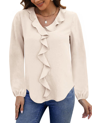 UVN Blouses for Women V Neck Long Sleeve Shirts Dressy Casual Ruffle Chiffon Tops