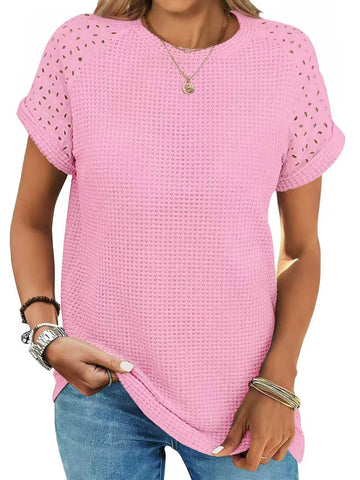 UVN Summer Blouses for Women Short Sleeve Crewneck Dressy Shirts Ladies Casual Waffle Knit Hollow Out Tunic Tops
