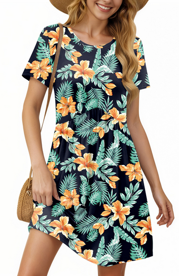 UVN Summer Dresses for Women Short Sleeve Pleated Midi Dress Casual Tunic Dresses with Pockets