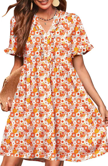 UVN Summer Dresses for Women V Neck Short Sleeve Casual A Line Dress Flowy Swing Ruffle Sundress with Pockets