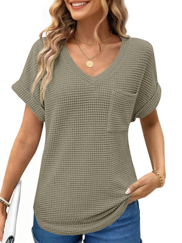 UVN Womens Summer Tops Short Sleeve V Neck Blouses Ladies Casual Waffle Knit Trendy Tunic Shirts