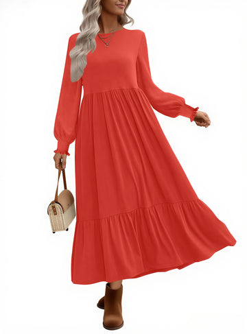 UVN Fall Long Dress for Women Crewneck Casual Long Sleeve Pleated Dresses with Pockets