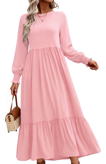 UVN Fall Long Dress for Women Crewneck Casual Long Sleeve Pleated Dresses with Pockets