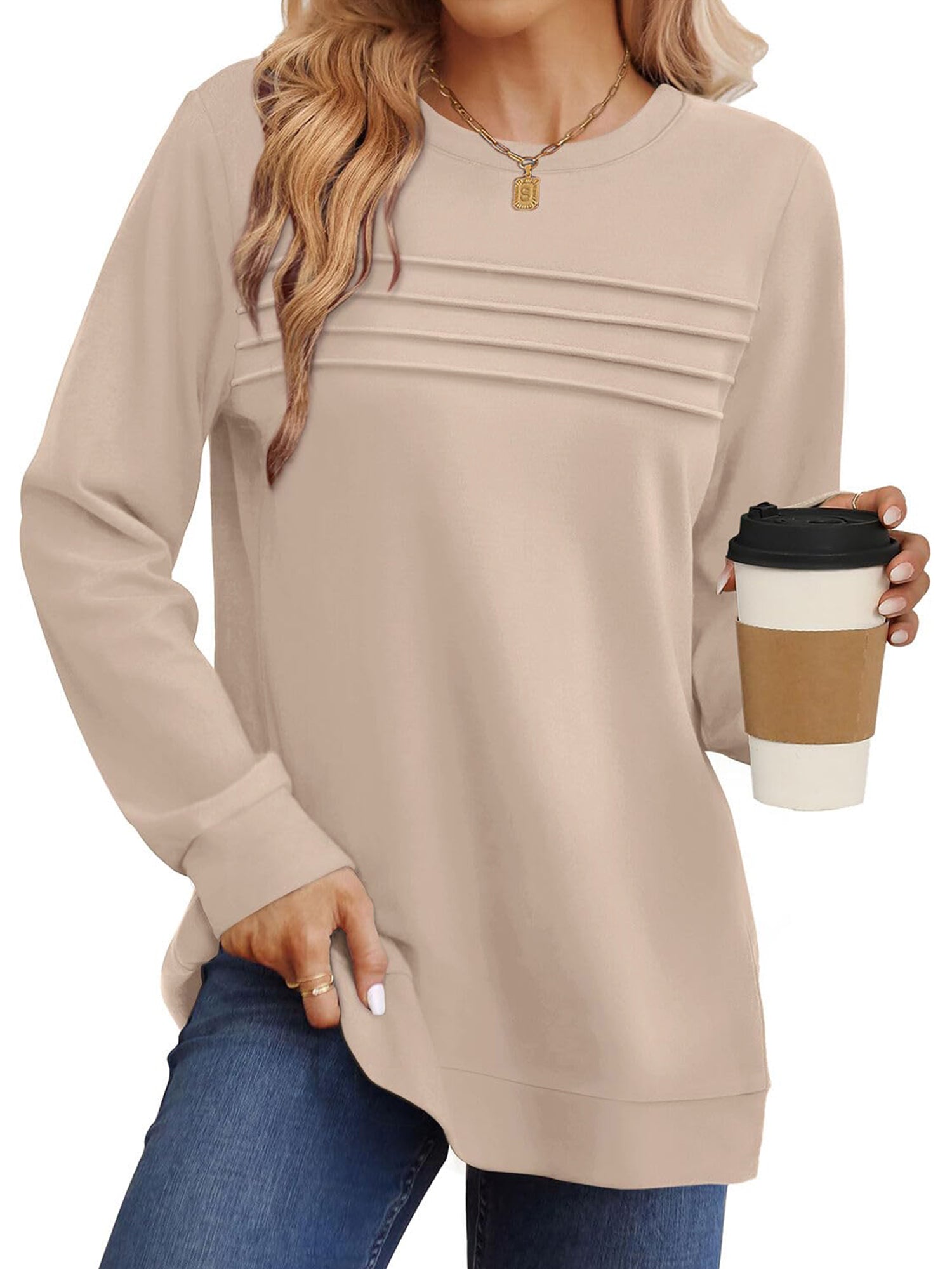 UVN Sweatshirts for Women Casual Long Sleeve Shirts Loose Fit Pleated Front Crewneck Tunic Tops（副本）