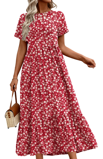 UVN Long Dresses for Women Summer Short Sleeve Casual Crewneck Maxi Dress with Pockets