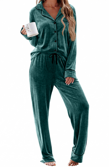 UVN Velvet Pajama Sets for Women Winter Long Sleeve Button Top and Womens Drawstring Pant Sleepwear with Pockets