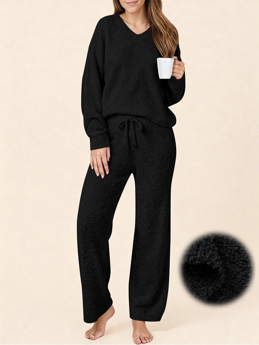 UVN Winter Pajama for Women Sweater Set Ladies V neck Tops and Long Pants Warm 2 Piece Loungewear