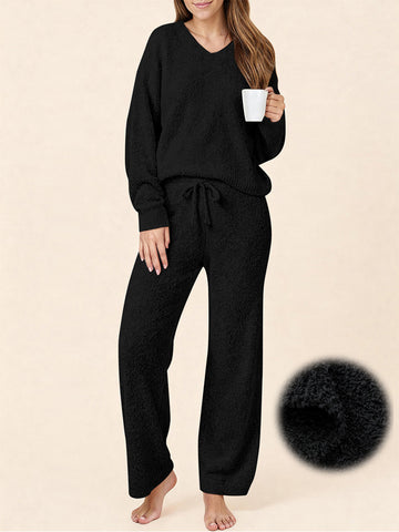 UVN Winter Pajama for Women Sweater Set Ladies V neck Tops and Long Pants Warm 2 Piece Loungewear