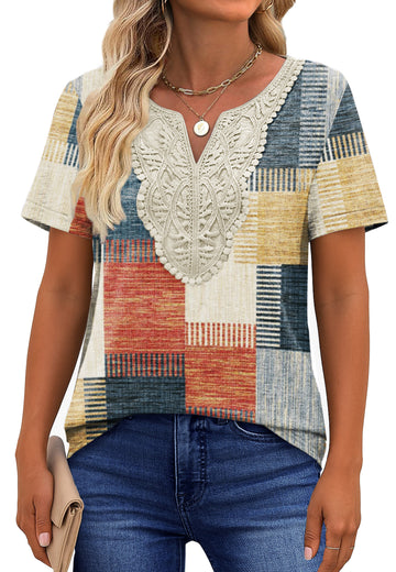 UVN Blouses for Women Summer Short Sleeve V Neck Lace Shirts Dressy Casual Boho Tunic Tops