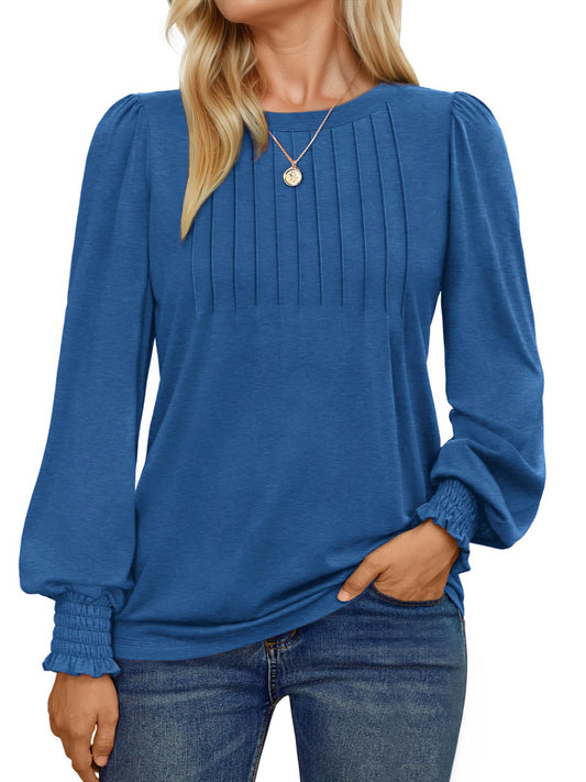 UVN Plus Size Tops for Women Pleated Long Sleeve Shirts Dressy Casual Crewneck Fall Blouses