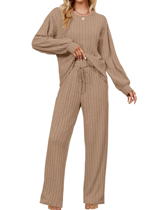 UVN Pajama Sets for Women Long Sleeve Lounge Set Ribbed Knit Sleepwear 2 Piece Pjs Soft Loungewear with Pockets