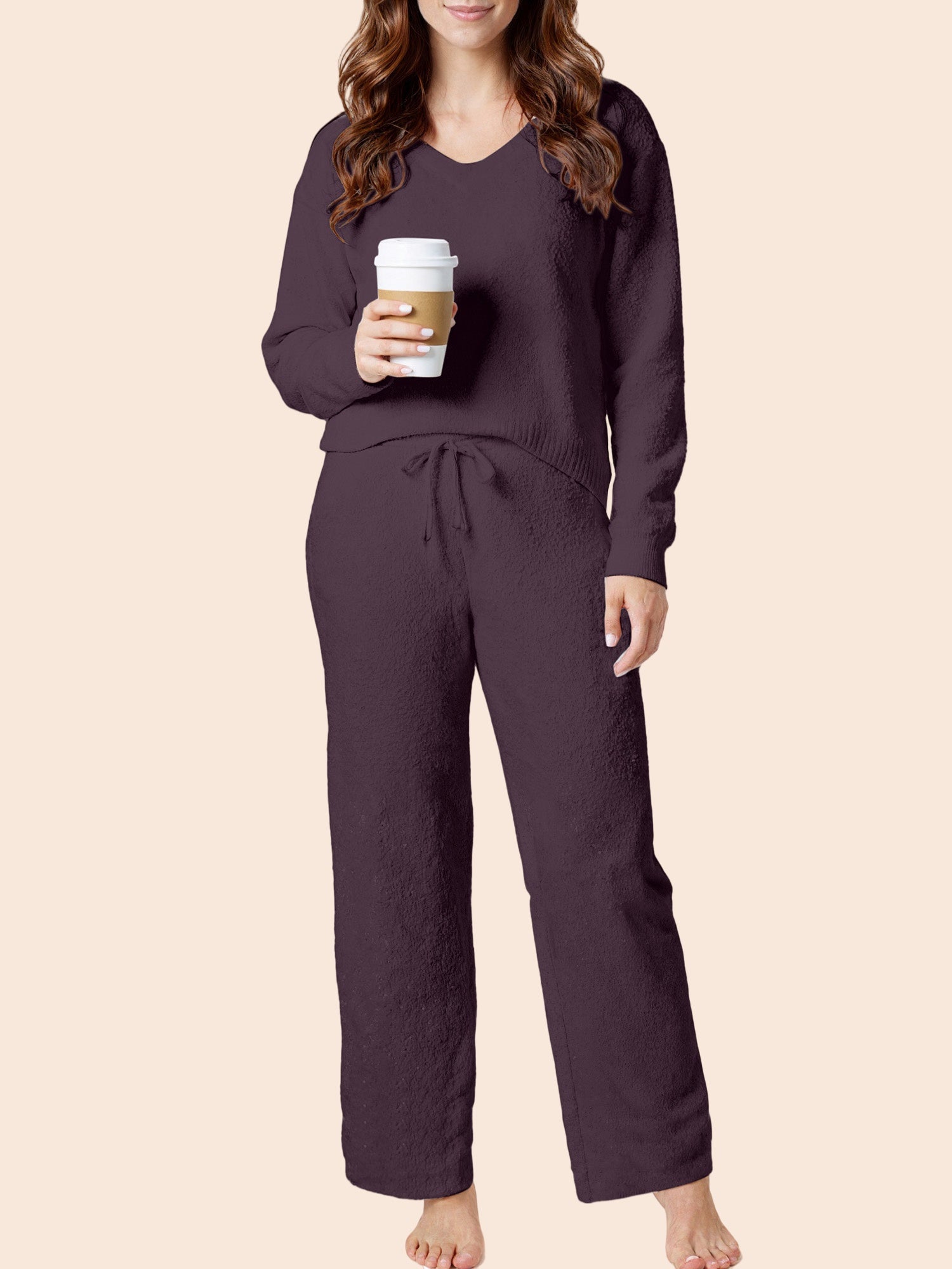 UVN Winter Pajama for Women Sweater Set Ladies V neck Tops and Long Pants Warm 2 Piece Loungewear