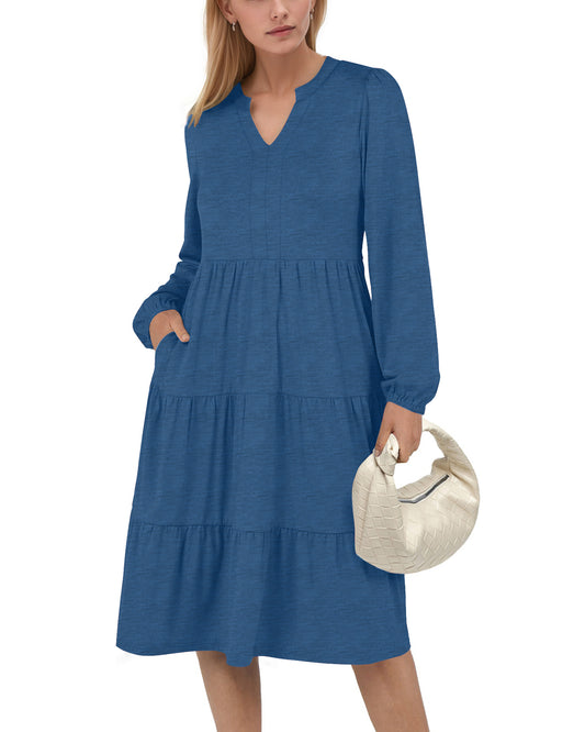 UVN Fall Dresses for Women Long Sleeve V Neck Midi Dress Casual Loose Flowy Swing Tiered Dress with Pockets