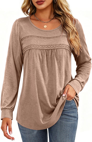 UVN Blouses for Women Long Sleeve Crochet Shirts Ladies Fall Casual Crew Neck Tunic Tops