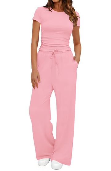 UVN Summer 2 Piece Outfit Set for Women Ruched Short Sleeve Tops and Wide Leg Pants with Pockets Casual Tracksuit Sets Ladies Loungewear
