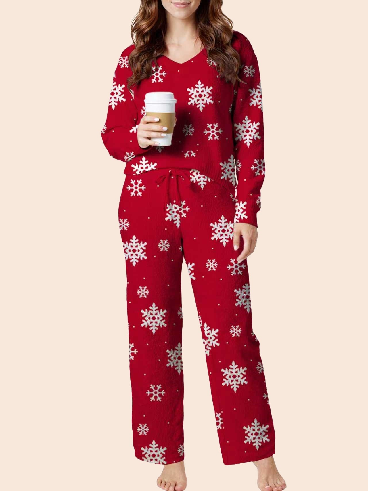 UVN Winter Pajama for Women Sweater Set Ladies V neck Tops and Long Pants Warm 2 Piece Loungewear