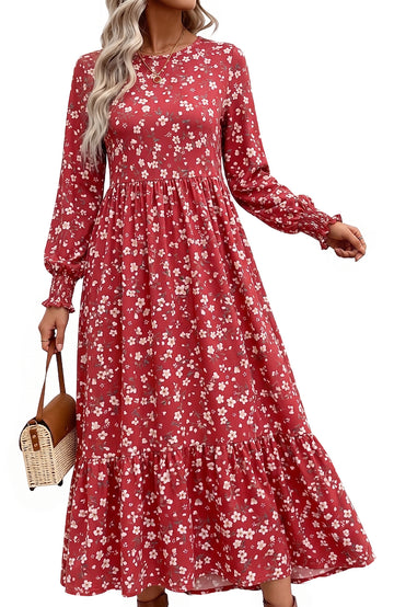 UVN Fall Long Dress for Women Crewneck Casual Long Sleeve Pleated Dresses with Pockets