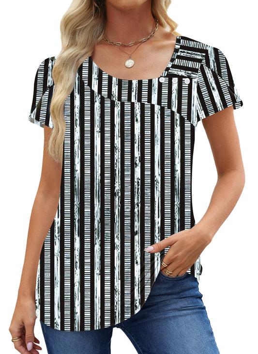 UVN Womens Summer Blouses Short Petal Sleeve Square Neck Ladies Button Shirts Dressy Casual Tunic Tops