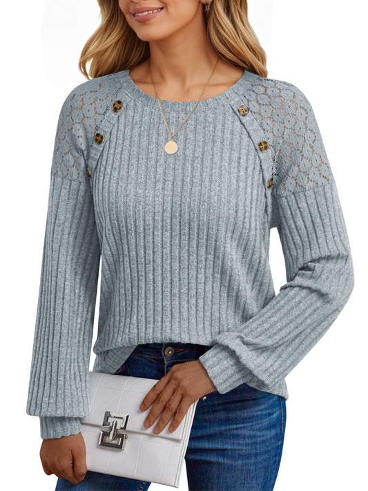 UVN Blouses for Women Casual Long Sleeve Shirts Dressy Hollow Out Lace Button Tops Fall Lightweight Pullover