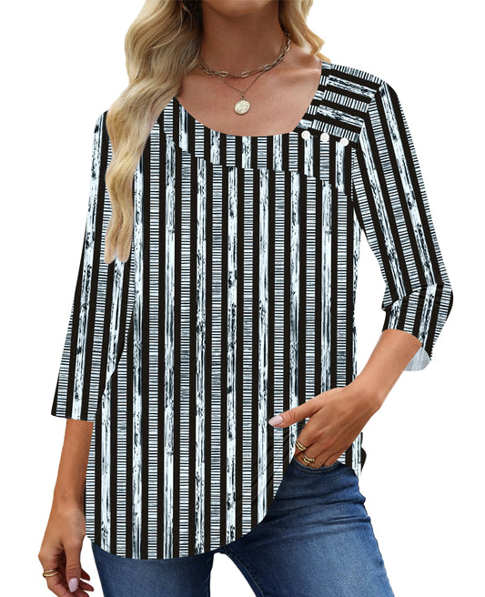 UVN Summer Square Neck Blouses for Women 3/4 Sleeve Shirt Ladies Dressy Casual Button Tunic Tops