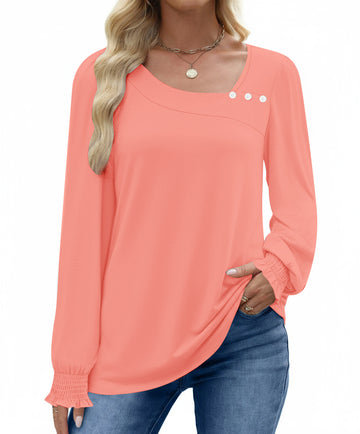 UVN Fall Square Neck Tops for Women Long Sleeve Blouse Ladies Dressy Button Shirts