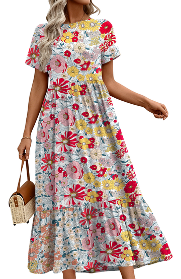 UVN Long Dresses for Women Summer Short Sleeve Casual Crewneck Maxi Dress with Pockets