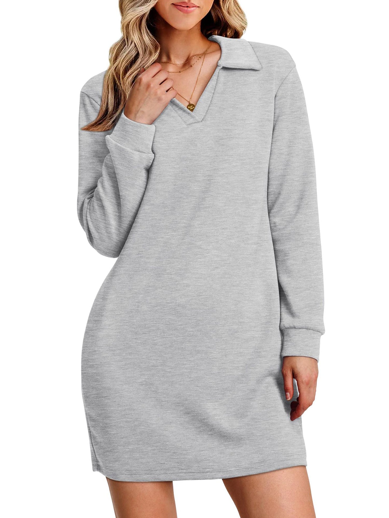 UVN Dresses for Women Long Sleeve Lapel Neck Dress Fall Casual Sweatshirt Dresses