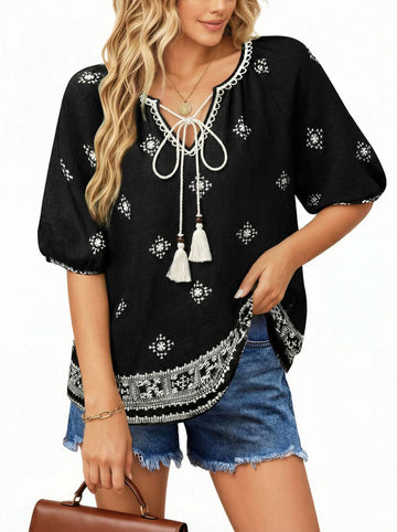 UVN Summer Tops for Women Short Sleeve V Neck Boho Casual Blouses Ladies Floral Print Tie Front Flowy Shirts