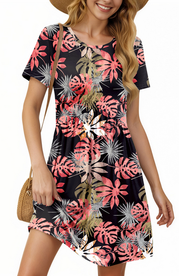 UVN Summer Dresses for Women Short Sleeve Pleated Midi Dress Casual Tunic Dresses with Pockets