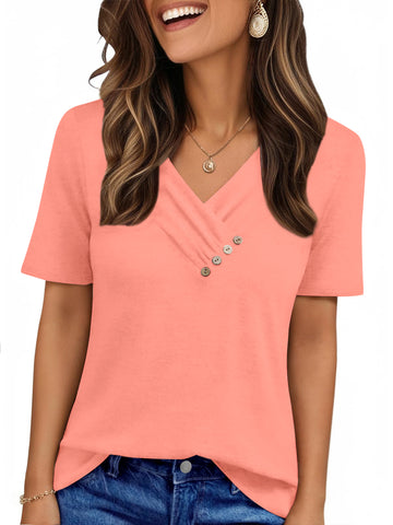 UVN Blouses for Women Summer Short Sleeve V Neck Button Shirts Dressy Casual Business Tunic Tops