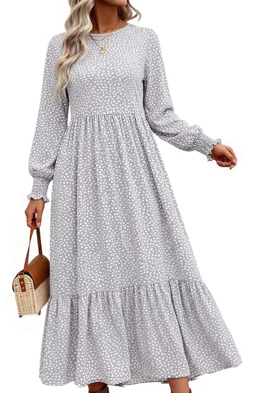 UVN Fall Long Dress for Women Crewneck Casual Long Sleeve Pleated Dresses with Pockets