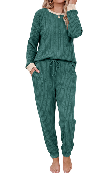 UVN Womens Pajama Set Two Piece Color-blocked Long Sleeve Top and Long Pants Ladies Fall Matching Oufits Casual Loungewear