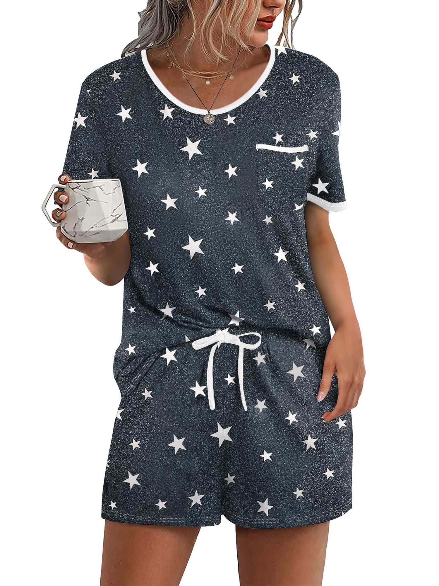 UVN Pajamas Sets for Women 2 Piece Lounge Set Short Sleeve Tops and Shorts Soft Pj Set Sleepwear Loungewear