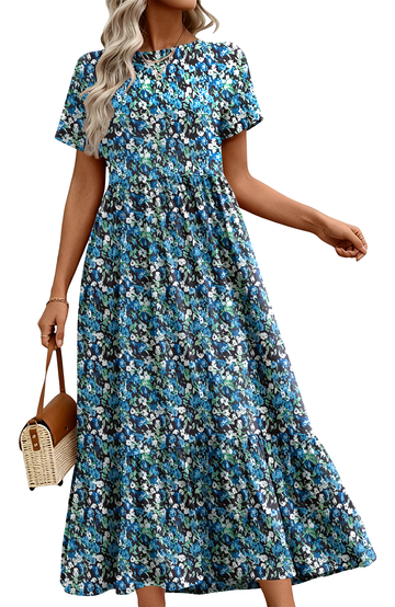 UVN Long Dresses for Women Summer Short Sleeve Casual Crewneck Maxi Dress with Pockets