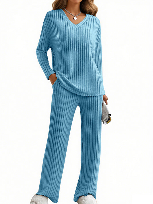 UVN Outfit Sets for Women Two Piece Sets Winter Casual Long Sleeve Tops and Long Pants Lounge Sets Ribbed Knit Pajama Sets with Pockets