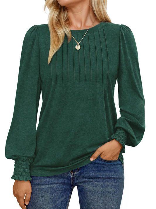 UVN Plus Size Tops for Women Pleated Long Sleeve Shirts Dressy Casual Crewneck Fall Blouses