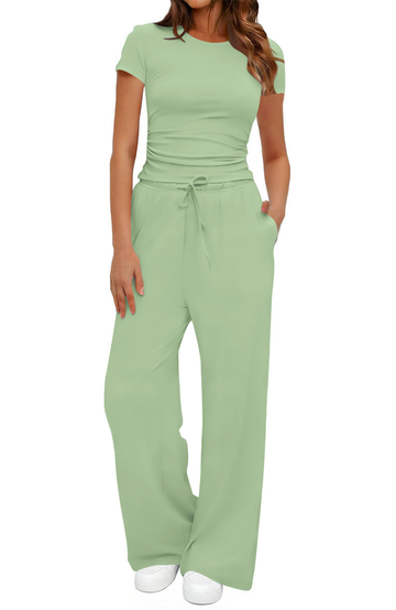 UVN Summer 2 Piece Outfit Set for Women Ruched Short Sleeve Tops and Wide Leg Pants with Pockets Casual Tracksuit Sets Ladies Loungewear