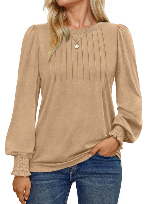 UVN Plus Size Tops for Women Pleated Long Sleeve Shirts Dressy Casual Crewneck Fall Blouses