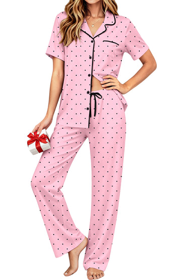 UVN Fall 2 Piece Pajamas for Women Short Sleeve Top and Long Pant Casual Button up Sleepwear Ladies Matching Set