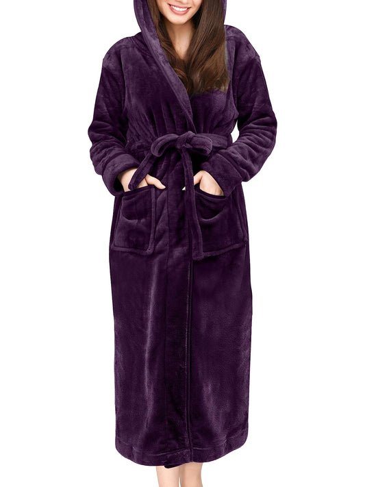 UVN Long Robes for Women Winter Plush Fleece Hooded Bathrobe Soft Cozy Fluffy Sleepwear Nightgown with Pockets