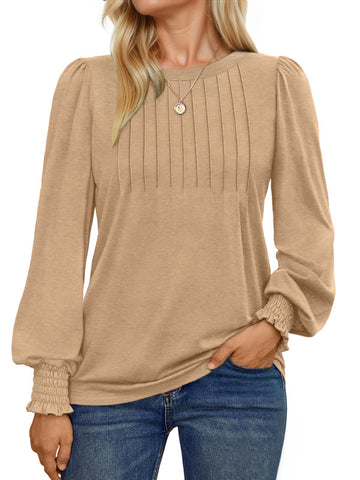 UVN Plus Size Tops for Women Pleated Long Sleeve Shirts Dressy Casual Crewneck Fall Blouses