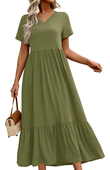 UVN Long Dresses for Women Summer Short Sleeve Casual V Neck Maxi Dress with Pockets