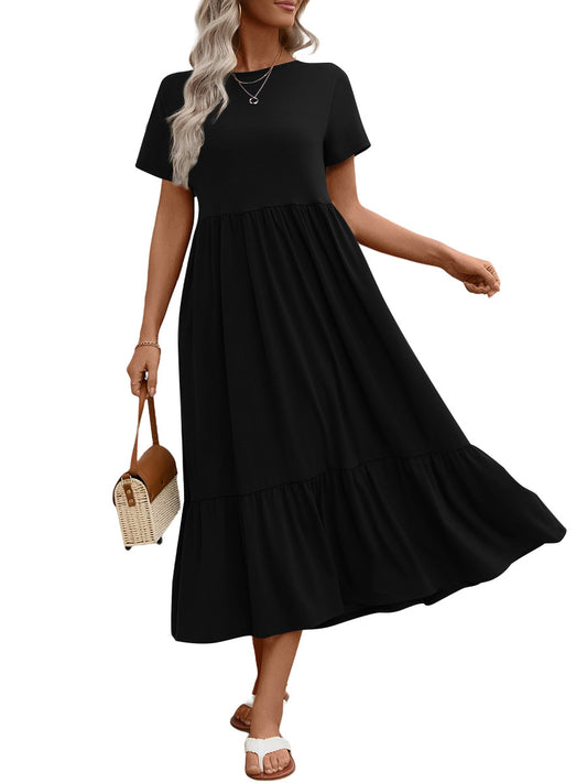 UVN Long Dresses for Women Summer Short Sleeve Casual Crewneck Maxi Dress with Pockets