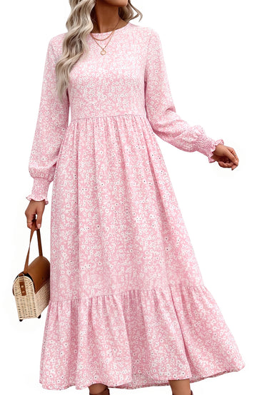 UVN Fall Long Dress for Women Crewneck Casual Long Sleeve Pleated Dresses with Pockets