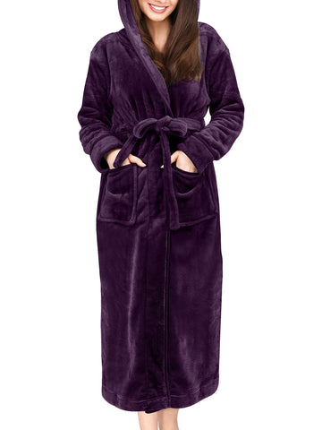 UVN Long Robes for Women Winter Plush Fleece Hooded Bathrobe Soft Cozy Fluffy Sleepwear Nightgown with Pockets