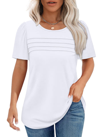 UVN Short Sleeve Blouse for Women Summer Dressy Casual Crewneck Shirt Pleated Tunic Tops