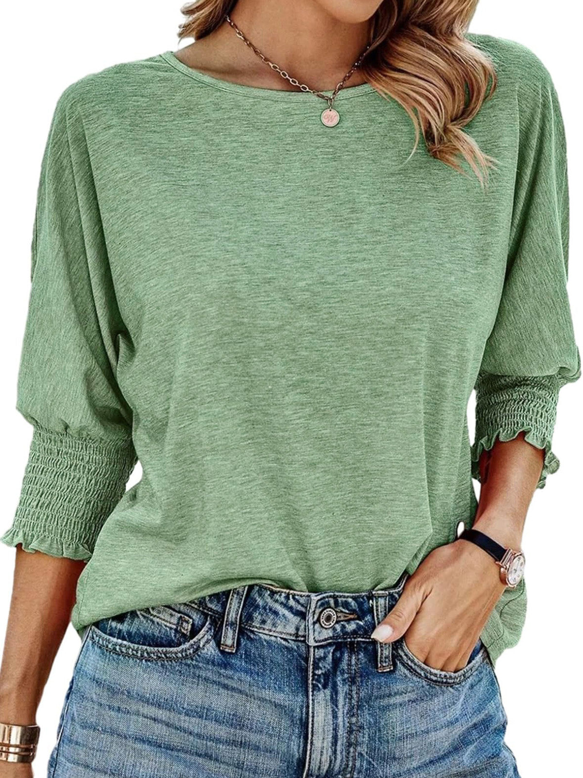 UVN Crewneck Blouse for Women Summer 3/4 Sleeve T-Shirts Casual Tees Ladies Loose Tops