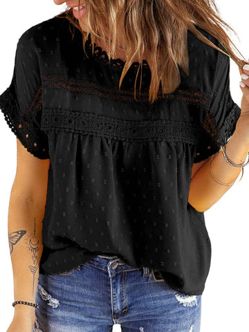 UVN Summer Womens Blouse Shirts Crewneck Lace Crochet Tops Short Sleeve Shirts Casual Chiffon Blouses